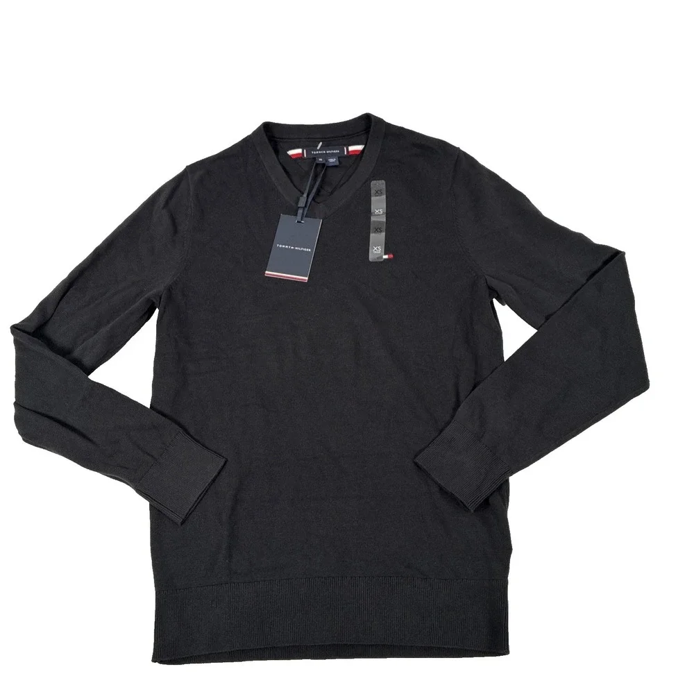New Tommy Hilfiger Men's Essential Cotton V-Neck Sweater Size XS‎ Black NWT
